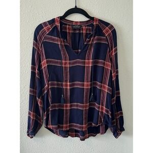 Lucky Brand Top Tunic Size Med Tie Neck 3/4 Sleeves Navy Red Plaid Peasant Boho